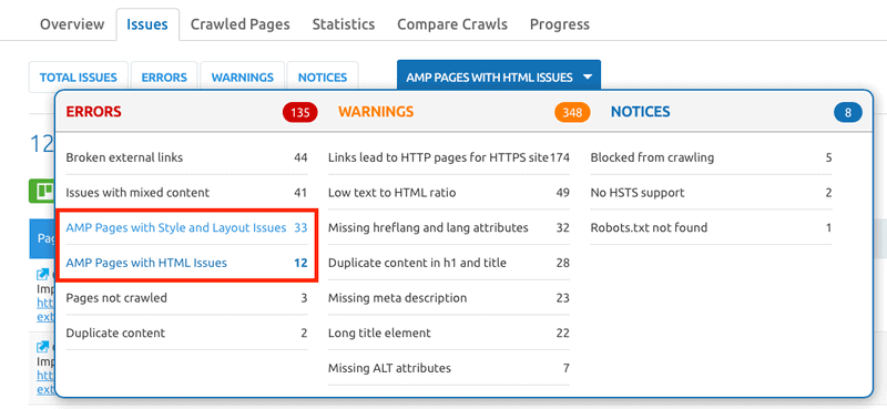 AMP Issues - Semrush Audit