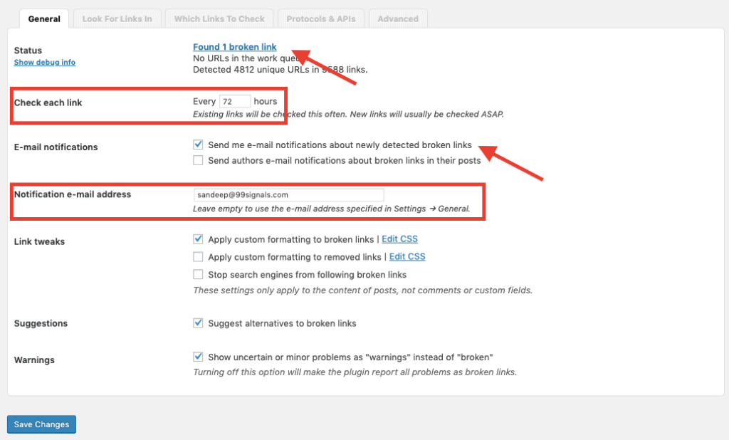 Broken Link Checker Settings