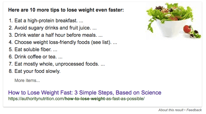 How to Rank in Google's Featured Snippets (aka Position 0 on Google) - "How to Lose Weight"