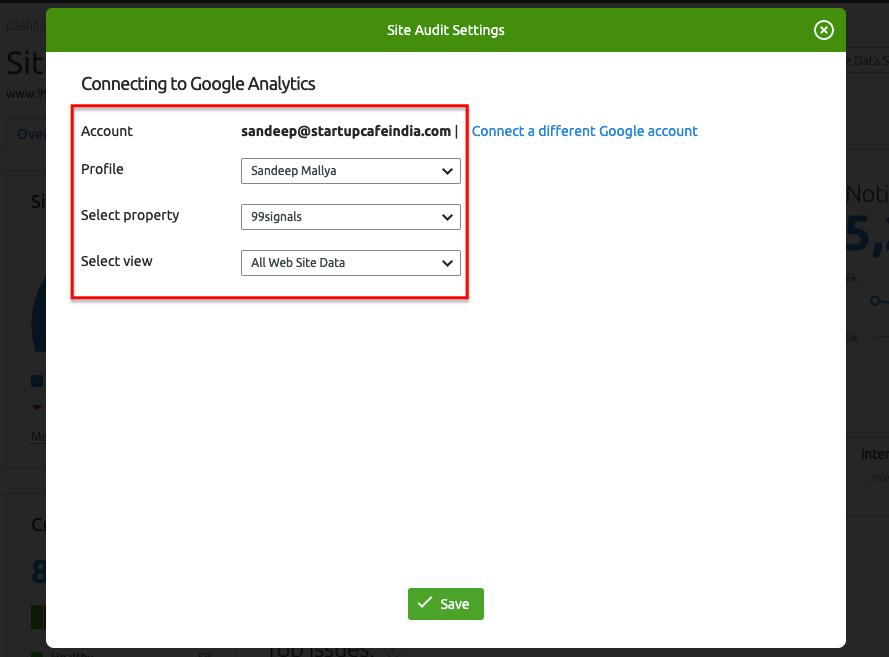 Google Analytics Settings - SEMrush