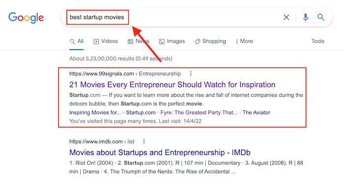 Google SERPs - best startup movies