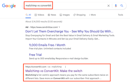 Google SERPs - ConvertKit vs Mailchimp