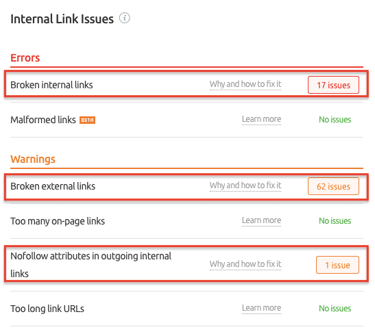 Internal Link Issues - Semrush Audit Report