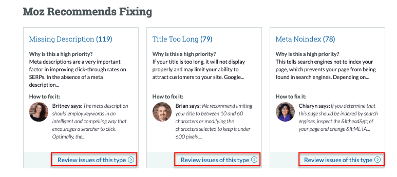 Moz Recommends Fixing - Moz Site Crawl