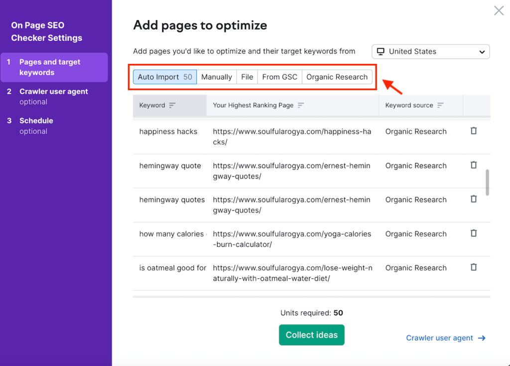 On Page SEO Checker Settings - Semrush