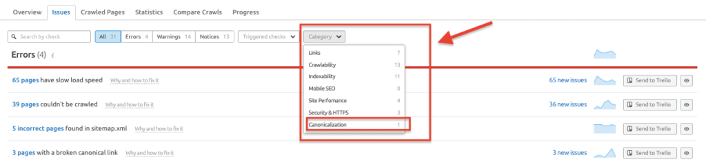 Semrush Audit Report - Canonicalization Issues