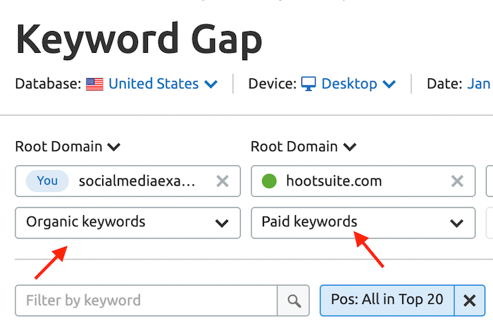 Semrush Keyword Gap Settings