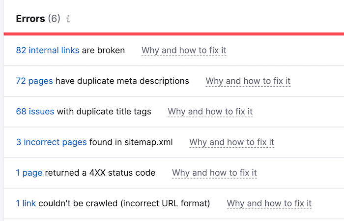 Semrush Site Audit - Errors Report