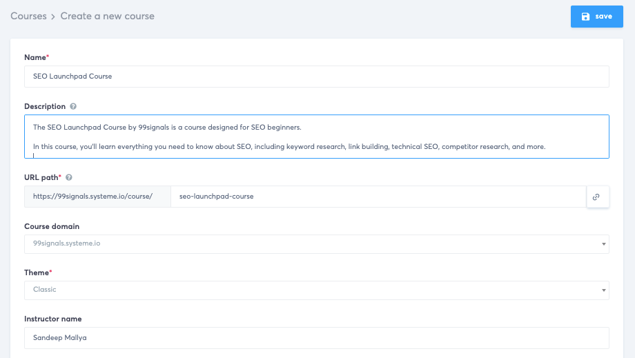 Systeme.io Course Settings