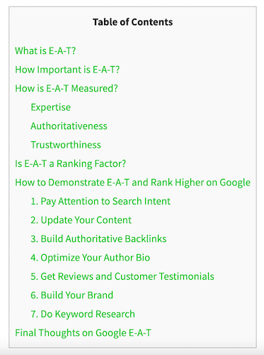 Table of Content Example