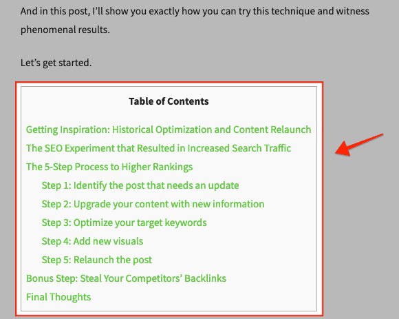 Table of Contents - Search Intent